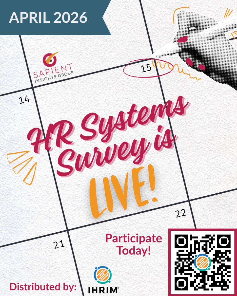 IHRIM's tweet image. Your HR expertise matters. Contribute to
@SapientInsights 29th Annual HR Systems Survey today. 

Get a free report valued at $1,800, earn 11 HRIP PDUs, and receive a personalized data snapshot. 

Take the survey: sapientinsights.qualtrics.com/jfe/form/SV_1T… 

#HRTech #PeopleAnalytics #HRLeadership