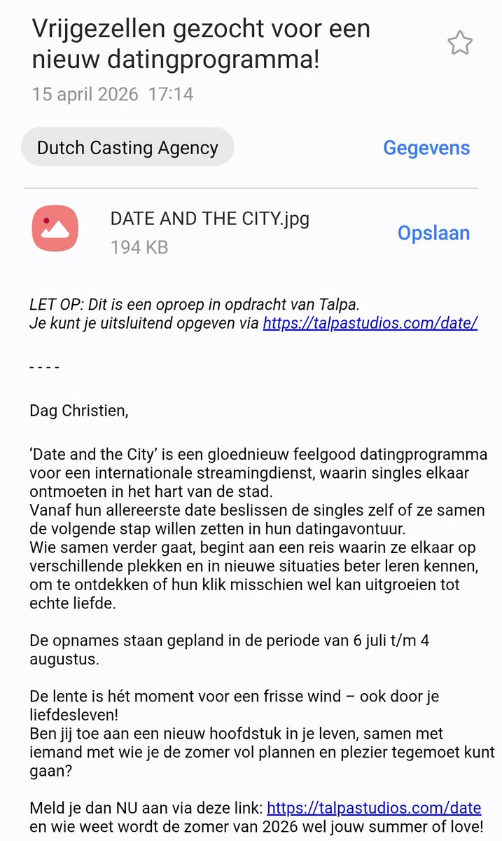 Kris10aaa's tweet photo. Vrijgezellen gezocht voor dating programma voor internationale streamingdienst.

Kreeg net deze mail binnen
Liefhebbers hier?
@Robartjee @DimitriVistick 😉
#datingshow #castingcall #vrijgezel #happysingle https://t.co/OO9umlyum0