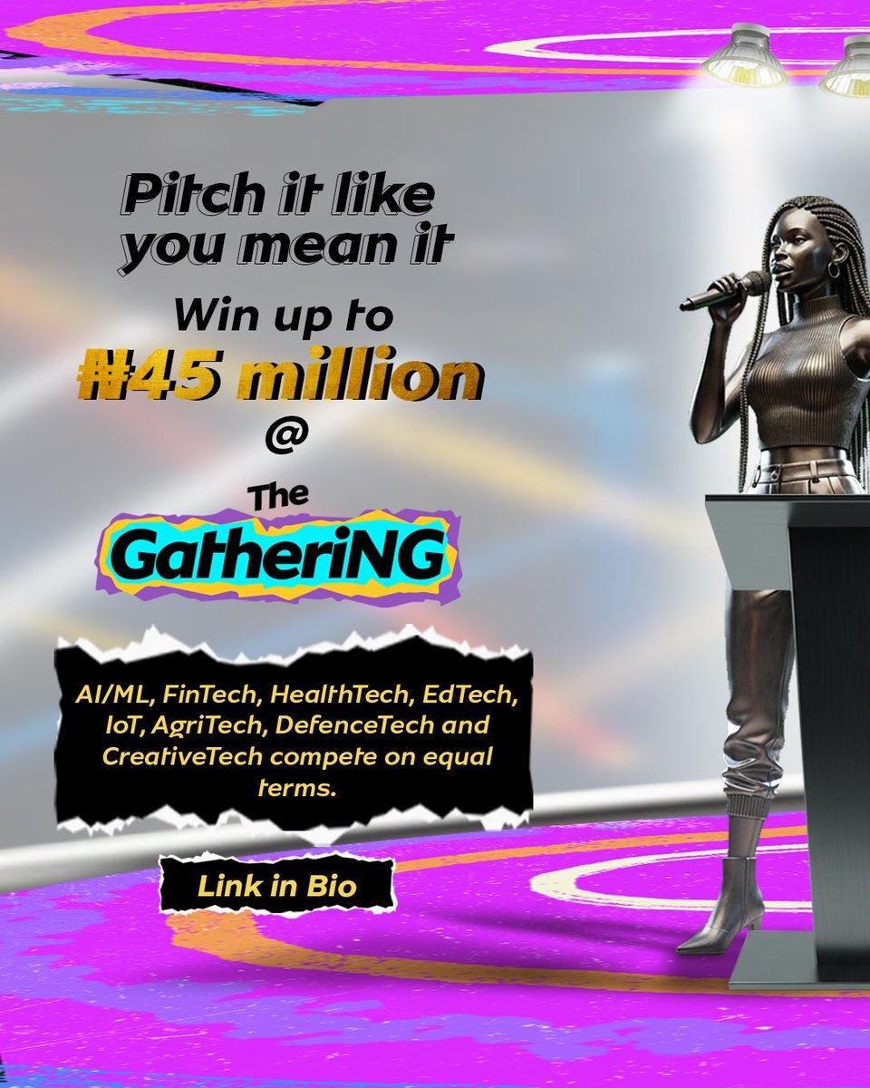 GatheringNG's tweet photo. Somewhere in Naija right now, some founders are gearing up to share ₦45 million. 

Pitch your business at the Gathering on 100 and stand a chance to be a part of the lucky businesses that win 45 million Naira in funding. 

Register to pitch via the link below
