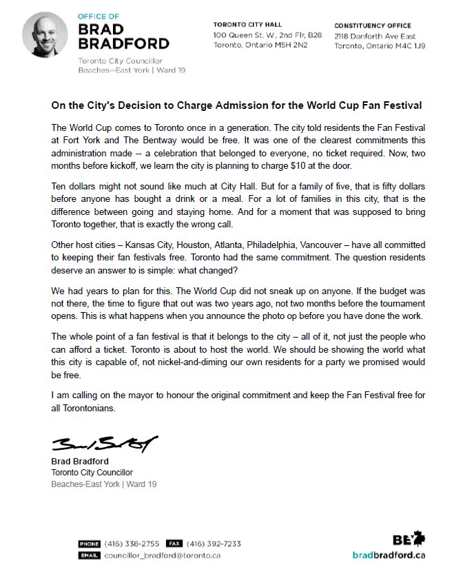 BradMBradford's tweet image. Mayor Chow promised the FIFA Fan Fest would be free. 

Now it’s going to cost $50 for a family of five to get in the door. 

This is a disappointing flip-flop from Mayor Chow, and it’s Toronto families who will pay the price.
