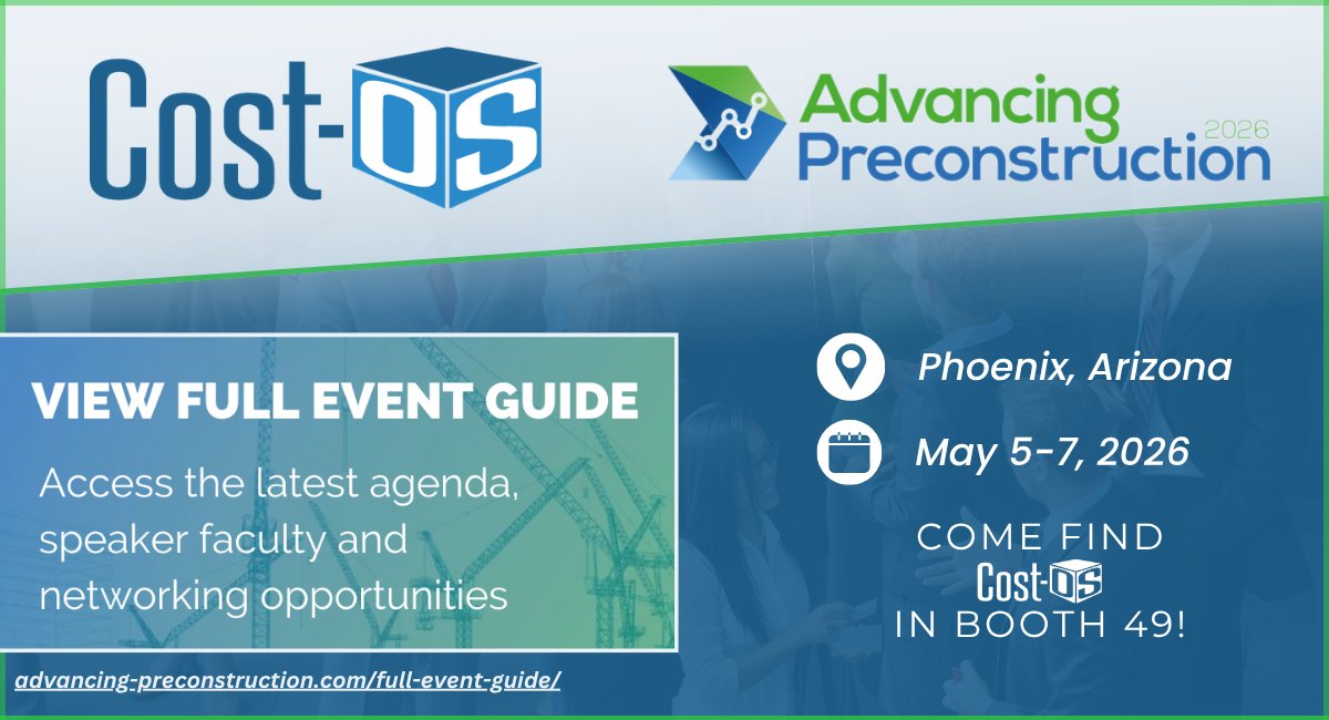 CostOSLLC's tweet photo. Only 3 weeks until #AdvancingPreconstruction 2026 in Phoenix. This marks our 10th year attending, and we’re looking forward to once again connecting with teams across the industry - Stop by Booth 49 to say hello!

View the full event guide online at:
https://t.co/Ec77KFNGnT https://t.co/njjTPWYNyS