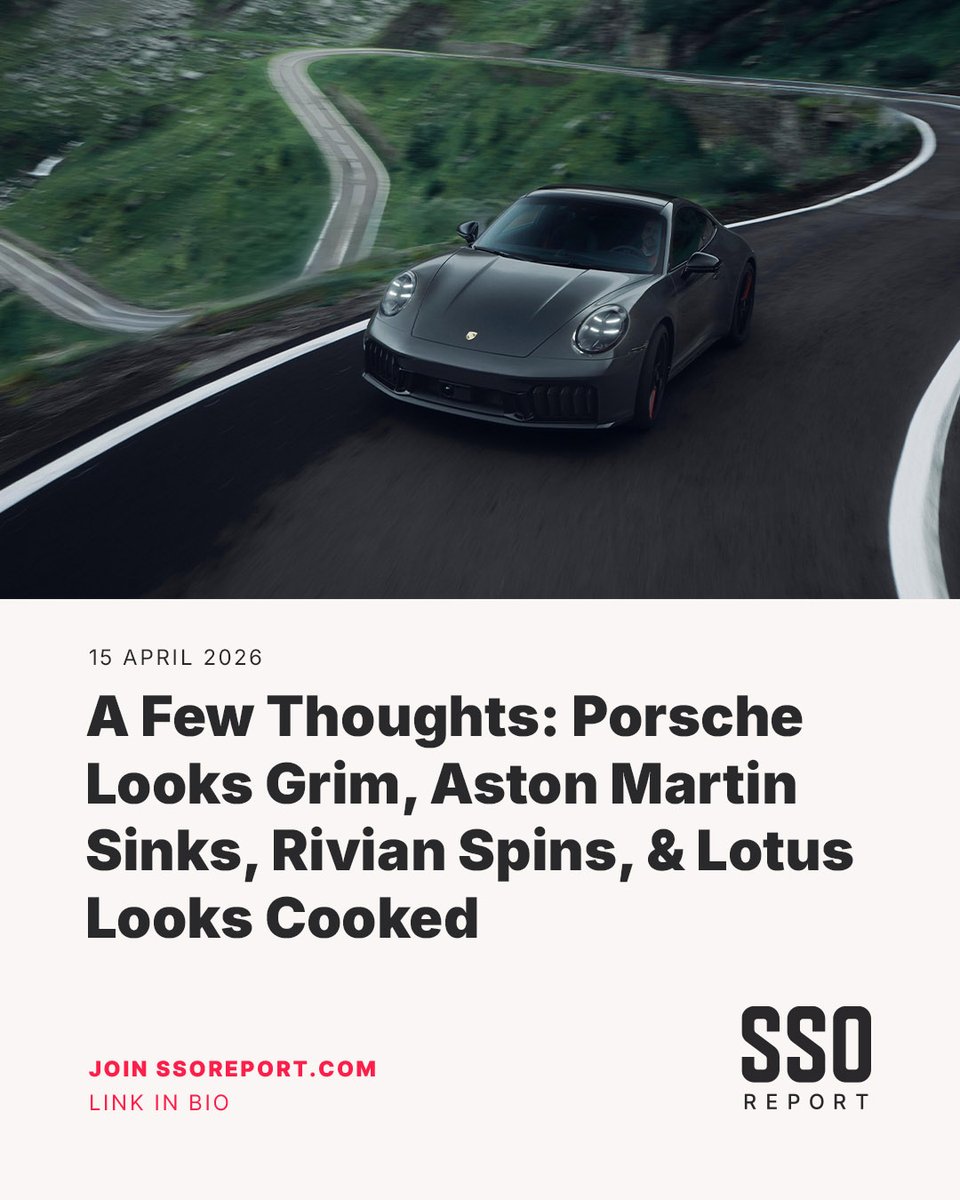SupercarOwner's tweet photo. 2026 is unfolding as expected. Porsche faces a long road back, Aston Martin another cash crunch, Rivian needs flawless execution, and for Lotus, it’s not looking good.
Read more here: https://t.co/3GYj9GaBo0
#ssoreport https://t.co/XtLYtmAgN4