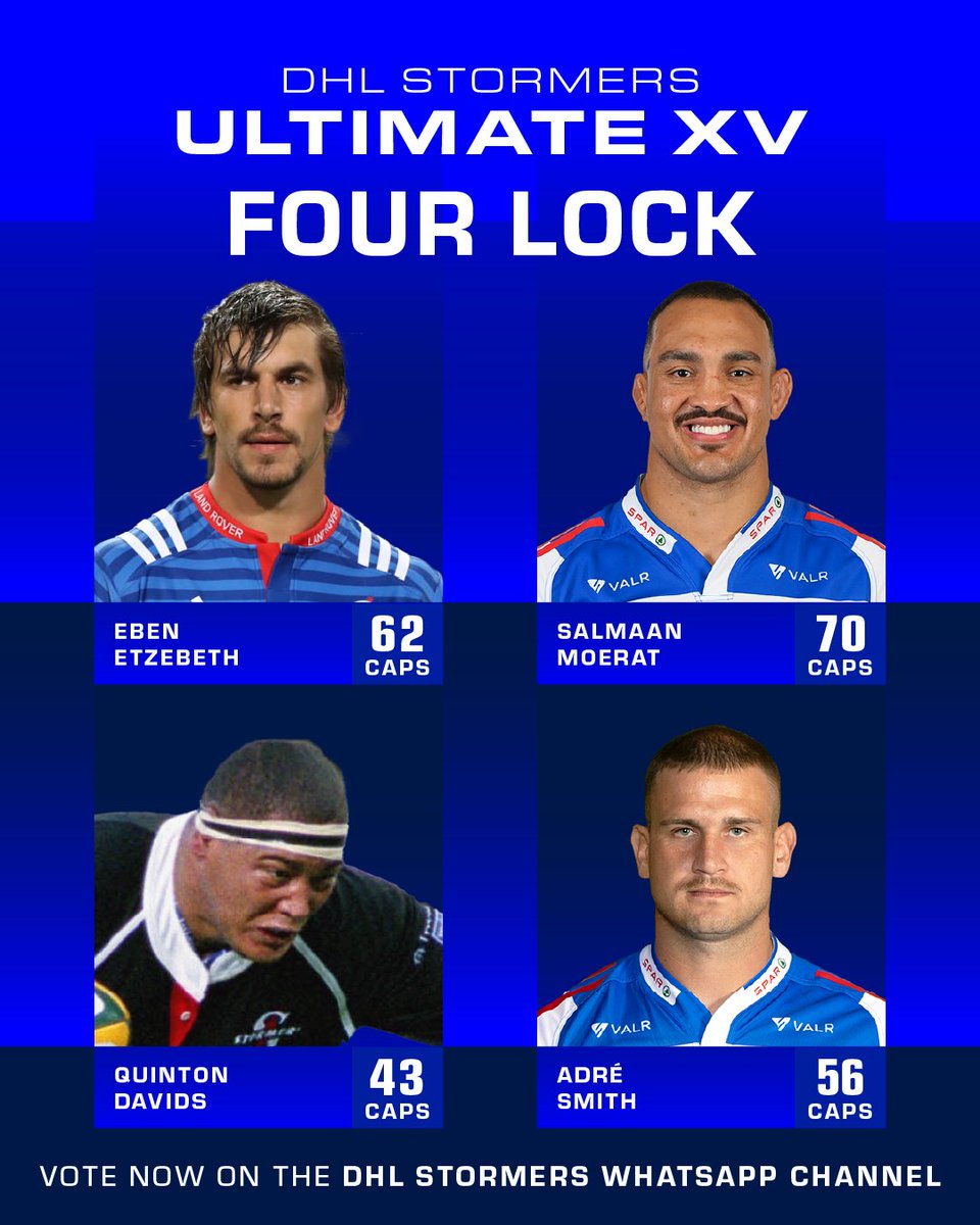 THESTORMERS's tweet image. The enforcers! Vote for your Ultimate DHL Stormers Four Lock in the poll on our WhatsApp channel before Friday at 12.            

Join here 👇 whatsapp.com/channel/0029Va… or in WhatsApp select Updates &amp;gt; Explore &amp;gt; DHL Stormers                

#inittogether