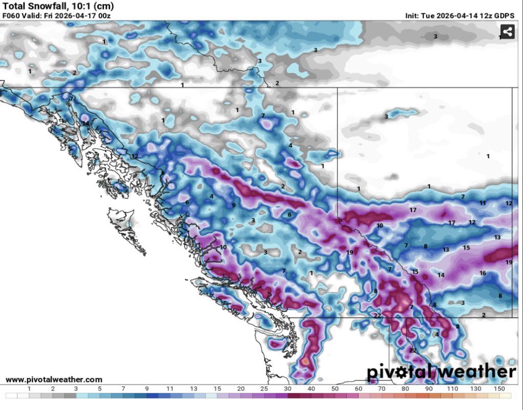 Ready or snow here it comes significant snowfall on tap 10-25cm some regions possibly picking up 30cm of snow on Thursday. Gusty NW winds will produce blowing snow tonight into Thursday morning that will reduce visibility. Temperatures plummet into Thursday as well. Further east