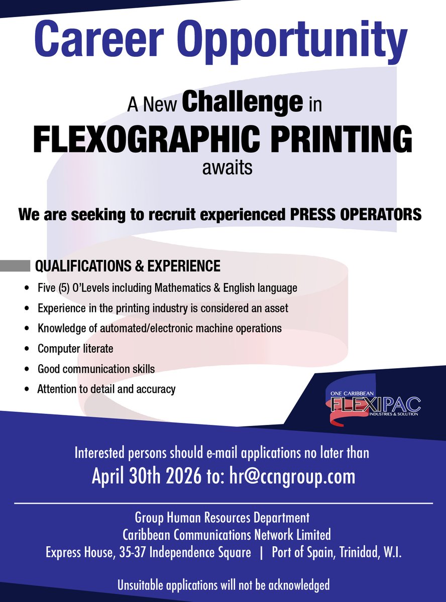 tv6tnt's tweet photo. #NowHiring: Press Operators 🖨️
We are looking for someone who is...
✔️ Experienced in printing
✔️ Tech-savvy with good communication skills
✔️ Detail-oriented and reliable
📩 Apply by 30 April 2026
Email: hr@ccngroup.com
#CareerOpportunity #PressOperator #FlexographicPrinting https://t.co/GGSs1BATqP