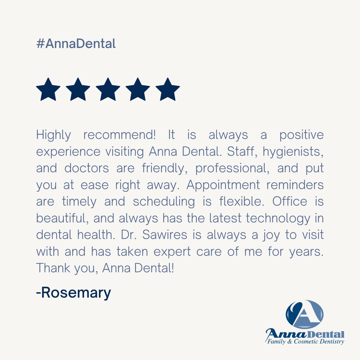 AnnaDental's tweet image. “Always a positive experience” 💙

Friendly team, flexible scheduling, modern tech, and doctors who truly care—that’s the Anna Dental difference.

#AnnaTX #Dentist #5StarReview #HealthySmile