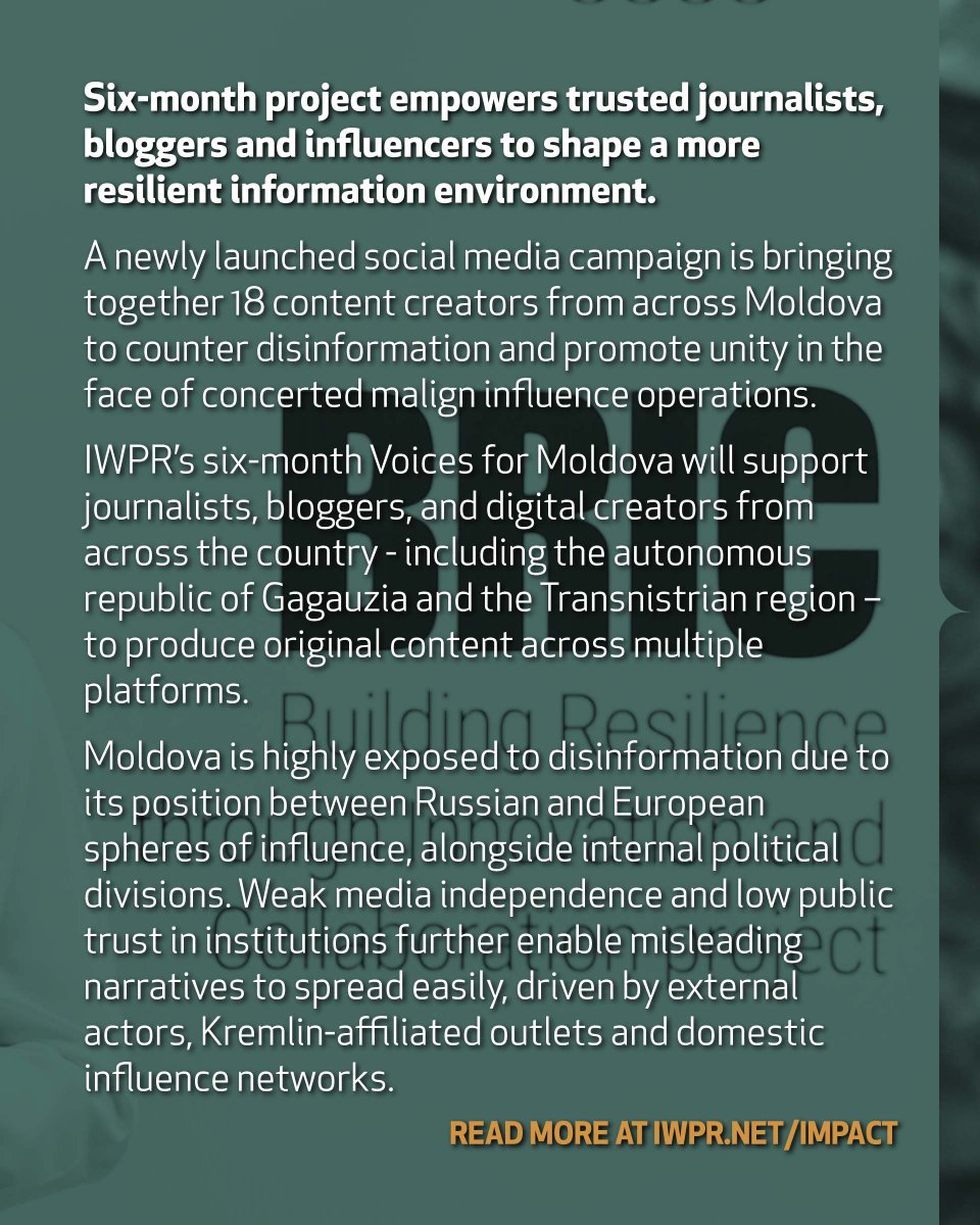 IWPR's tweet image. Six-month project empowers trusted journalists, bloggers and influencers to shape a more resilient information environment.  
#Moldova #Elections #Disinformation