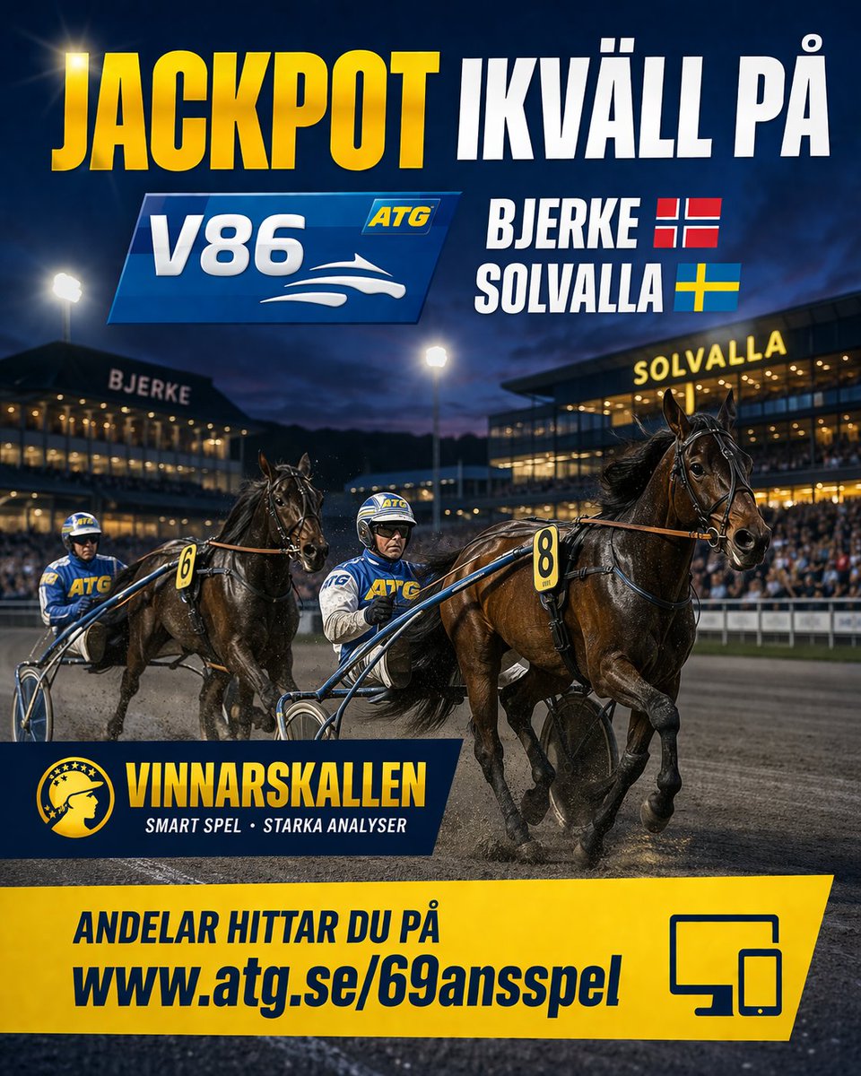 V86 Express Onsdag Bjerke och Solvalla
🔥 Jackpot ikväll 🔥 

💥 Vinnarskallens andelar 120 - 310 kr
atg.se/butik/69ansspe…

Varmt välkomna / Danne 👊🙂💥