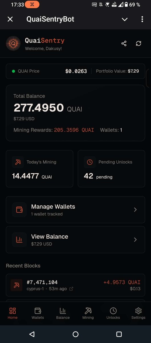 DakusyTV's tweet photo. 👀 Sneak peek at the Telegram version of QuaiSentry!

What is QuaiSentry?

QuaiSentry is a bot that monitors QUAI wallets in near real time and sends alerts for mining activity, transfers, unlocks, and balance updates.

Available on both Discord and Telegram:

• Discord → Alerts via DM or server
• Telegram → Alerts via DM + MiniApp

Get started here: https://t.co/y0IQBW3j81
(Choose Discord or Telegram to view the setup guide.)

@CromwellStone @dentdure57 @thecrackofdan @kyrylo22 @0xalank @QuaiNetwork

#QUAInetwork #QUAI #mining #pow #homemining #bot #telegrambot
