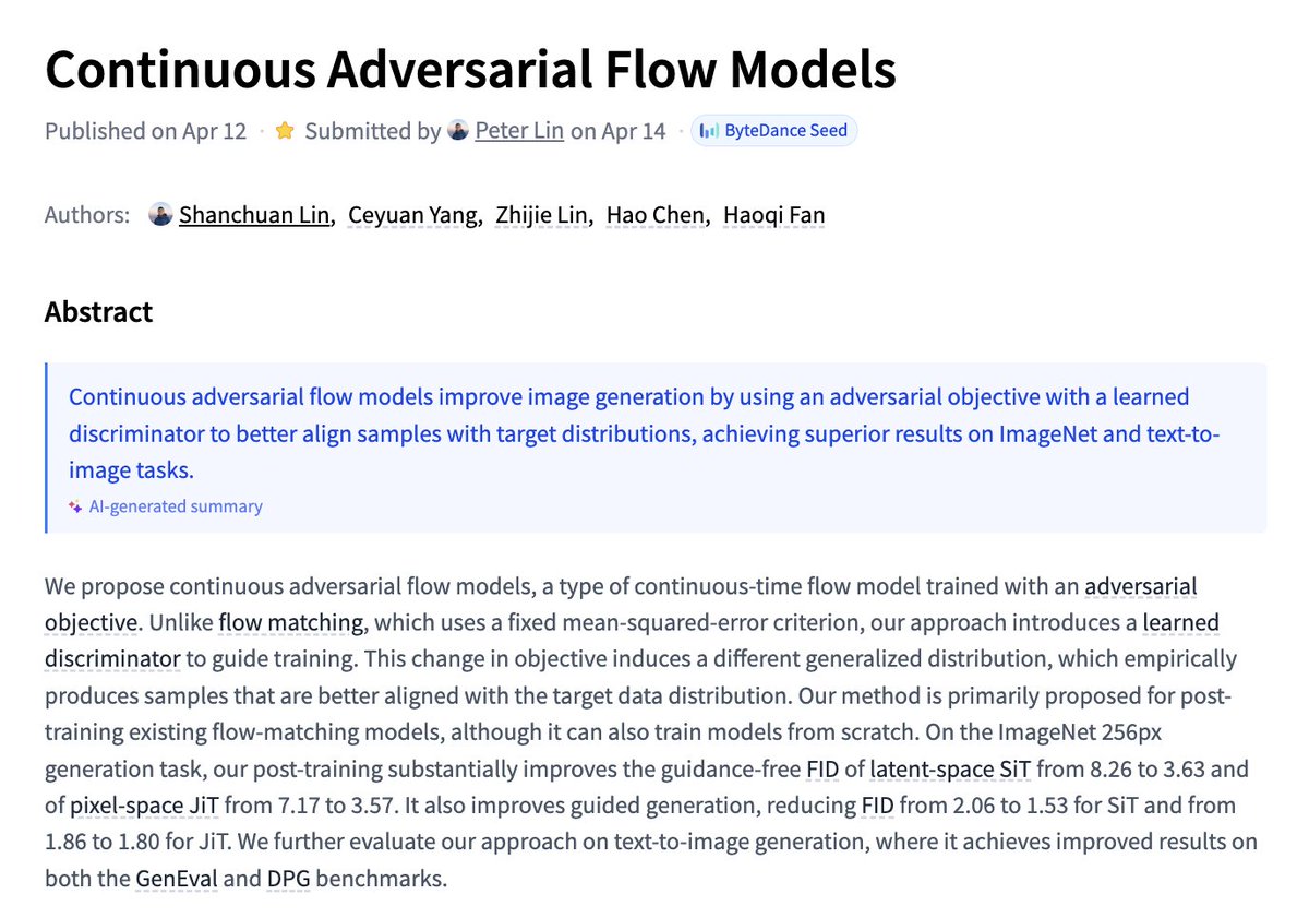 _akhaliq's tweet image. Continuous Adversarial Flow Models

paper: huggingface.co/papers/2604.11…