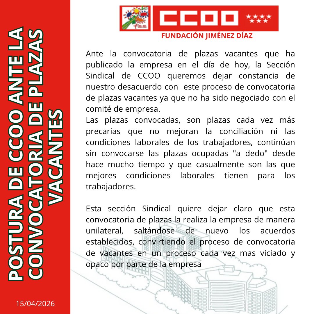 📌📌 Postura de CCOO ante la convocatoria de plazas vacantes #ccooinforma #CCOOseMueve #fundacionjimenezdiaz
