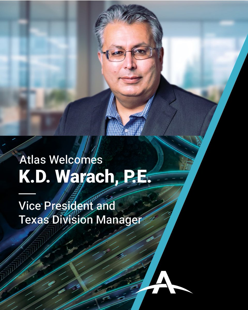 Atlas_technical's tweet photo. Join us in welcoming K.D. Warach to the A-Team!

Atlas is pleased to announce that K.D. Warach, P.E., has joined the firm as Vice President and Texas Division Manager. In this role, K.D. will lead Atlas’ Texas operations, overseeing program and contract management, as well as infrastructure advisory services, while driving regional strategy and business development across Texas.

Based in the Dallas-Fort Worth area, K.D. brings more than 30 years of transportation and infrastructure leadership experience, with deep expertise in construction engineering and inspection (CEI) and construction management. He has led complex highway, bridge and alternative delivery programs, working closely with public agencies, private-sector clients and contractor teams, including on design-build and Public-Private Partnership (P3) projects. His experience also includes managing large, multi-office teams, carrying full profit and loss responsibility and playing a key role in expanding CEI market share across Texas.

K.D. is actively engaged in the transportation industry, serving on the International Bridge, Tunnel and Turnpike Association (IBTTA) Government Affairs and Diversity, Equity and Inclusion Committees. He is also a member of the American Society of Civil Engineers (ASCE) and DBIA.

We are excited about the leadership, growth and value K.D. will bring to our Texas operations. Please join us in giving him a warm welcome to the Atlas A‑Team!