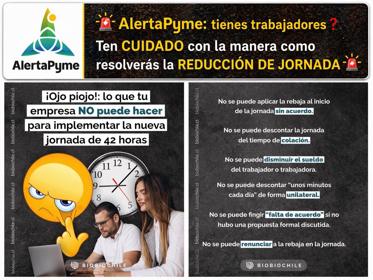 AlertaPyme's tweet photo. 🚨 Reducción de jornada: Pymes enfrentan exigencias formales y carga probatoria para implementar cambios válidos
⚠️ En cooperativas, la regla puede variar para socios-trabajadores que cumplan ciertas condiciones.
¿lograste acuerdo con tu equipo? 
#AlertaPyme Cooperativas #42Horas https://t.co/ZwBI6WwrCl