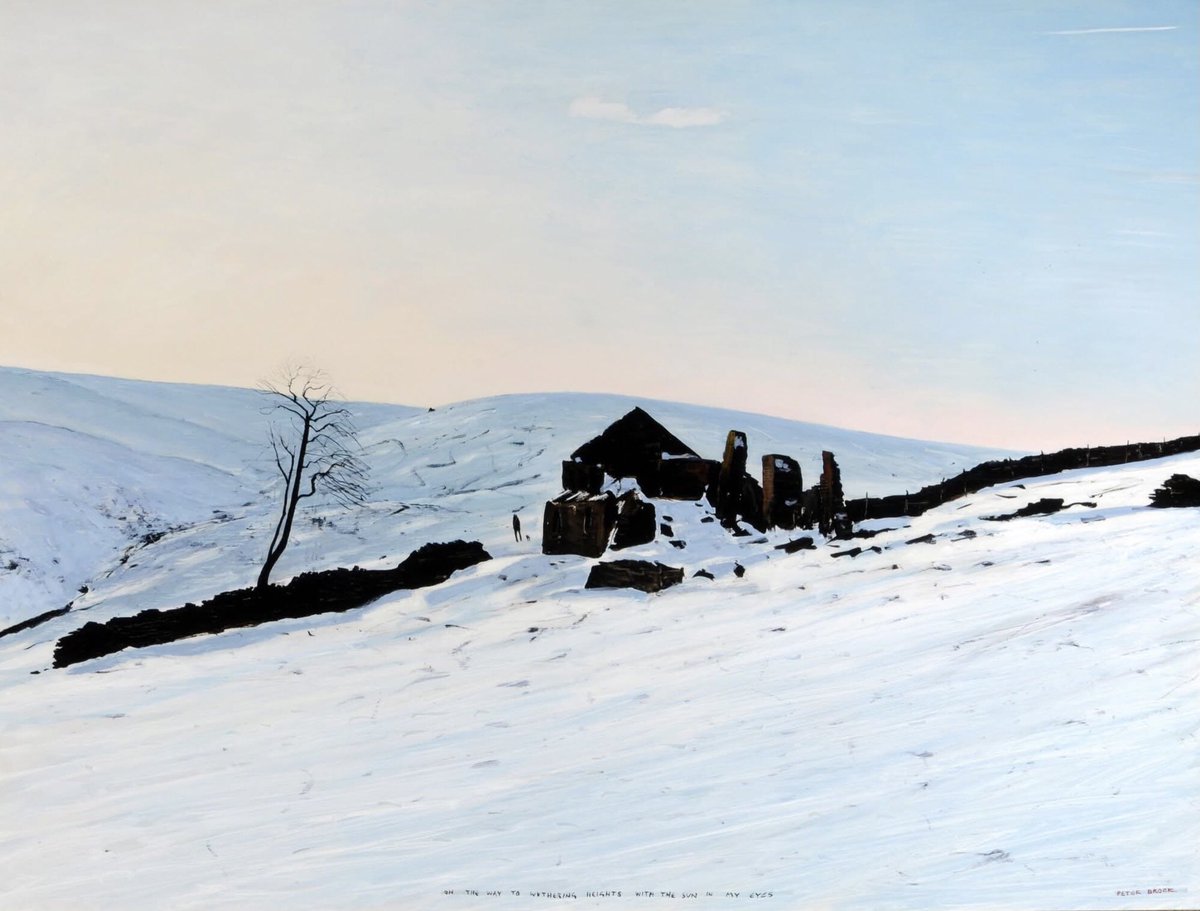 Brontë country was one of Peter Brook’s favourite subjects on account of both its rugged landscape and famous literary connections. In ‘On the Way to Wuthering Heights with the Sun in my Eyes’ the play of light upon the snow adds a further dimension. (Calderdale Museums Service)