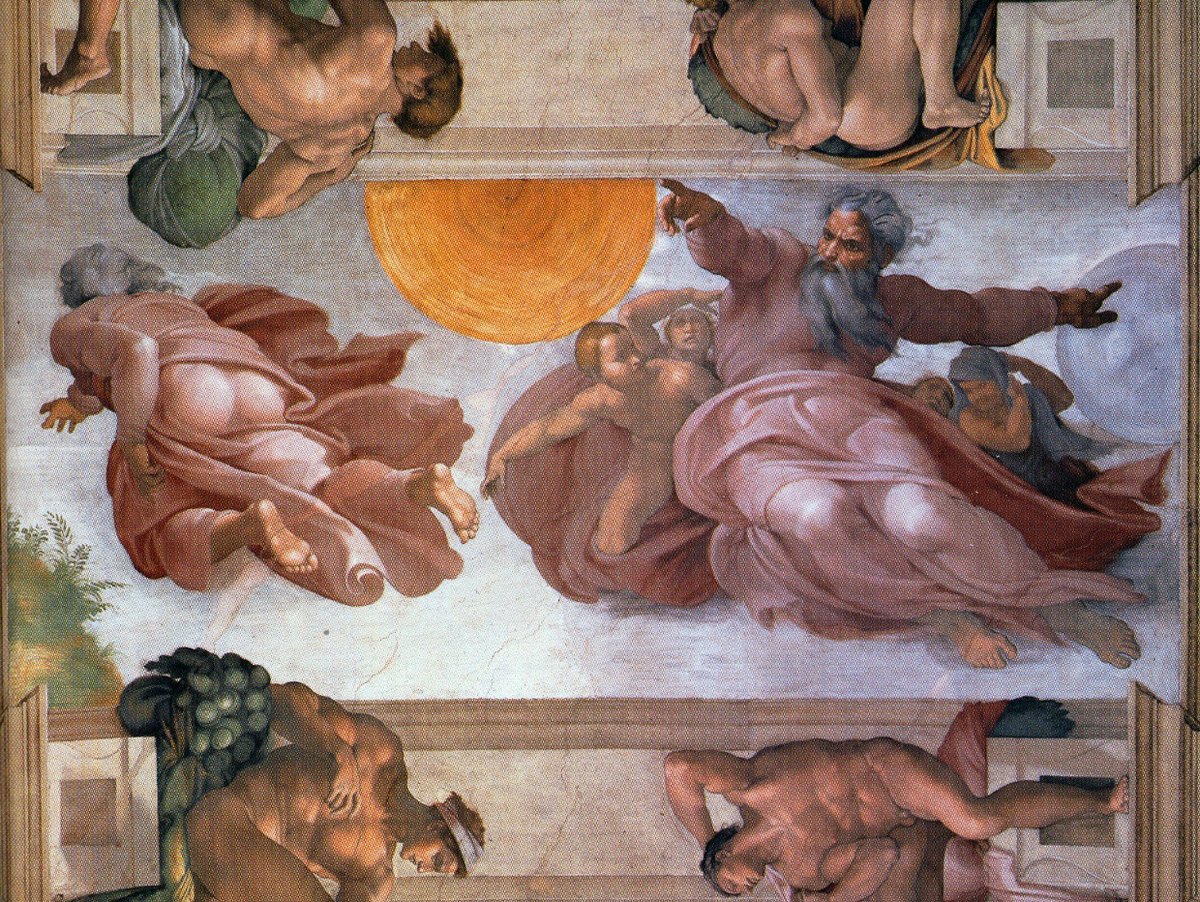 fanmichelangelo's tweet image. Sistine Chapel Ceiling: Creation of the Sun and Moon #artbots #michelangelo