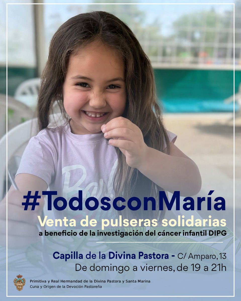 PastoraSMarina's tweet photo. 🔵 TODOS CON MARÍA | PULSERAS SOLIDARIAS

Nuestra corporación pone en marcha la venta de pulseras solidarias para apoyar a María, una niña valiente que lucha contra el DIPG, un tumor cerebral infantil muy agresivo. Como Hermandad que somos, que asume como propios los valores de la solidaridad y la misericordia, y al igual que muchas otras de nuestra ciudad y provincia, no podemos ser indiferentes ante las necesidades de los más pequeños.

Aquellos interesados en poder ayudar con la causa, pueden adquirir su pulsera en la mesa petitoria de nuestra Capilla, de domingo a viernes de 19 a 21h, por solamente 1€. También se puedes contactar con ellos y colaborar de manera directa, a través de la cuenta de Instagram @todos_por.maria.

¡Ayúdanos a ayudar, #TodosConMaría!