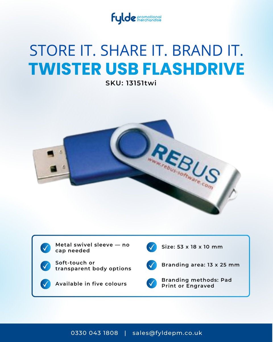 FYD_Merchandise's tweet photo. Twist. Store. Promote. 💾

Twister USB FlashDrive — a sleek tech promo with rotating metal sleeve protection.

👉 Contact us for a quote today.

#BrandedUSB #PromoProducts #CorporateGifts #TechMerch #FyldePromotionalMerchandise https://t.co/tBef52eOh8