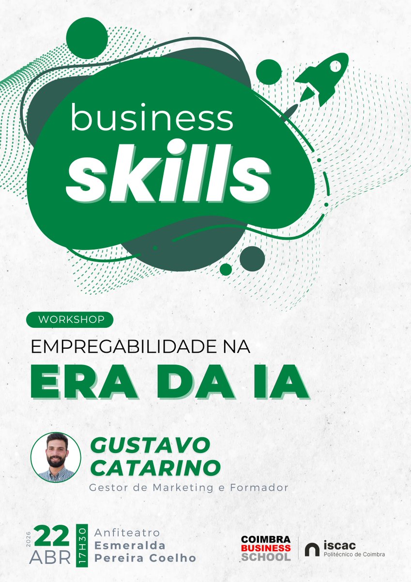 ISCACoimbra's tweet photo. 🟢 Business Skills 🟢

Workshop "Empregabilidade na Era da IA"

Orador: Gustavo Catarino

📅 22 de abril - 17h30 | Anfiteatro Esmeralda Pereira Coelho

Inscrições em: https://t.co/29bsigIc3U https://t.co/jk9R39iP2e