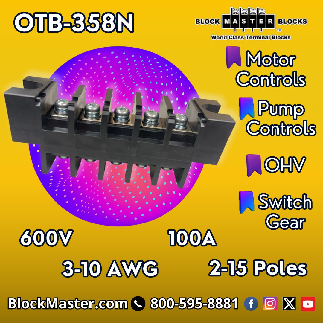 BlockMaster1680's tweet photo. Our OTB-358N Series is available in 2-15 poles and rated at 100A 600V. Contact us to place an order. #electronics #terminalblocks https://t.co/4OgE9iasx6