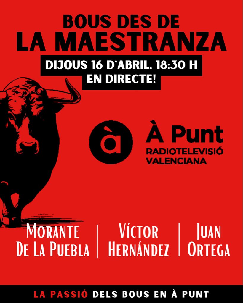 bousnostrafesta's tweet photo. 🐂📺 Mañana, toros en directo desde Sevilla en À Punt.
Cartel:
Morante de la Puebla · Víctor Hernández · Juan Ortega
Arte, pureza y juventud en una cita imprescindible.
#Toros #Tauromaquia #APunt #Sevilla https://t.co/tYmviyOOOb