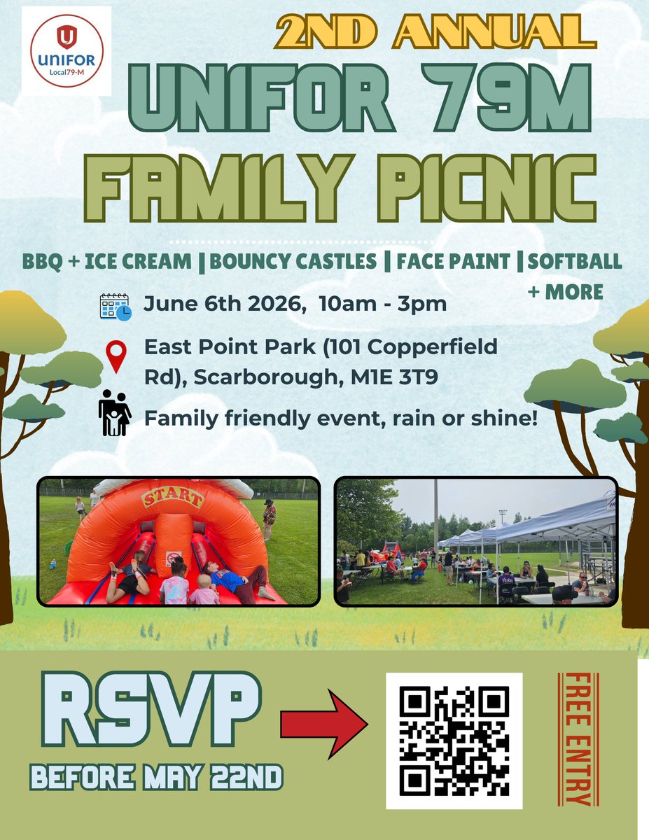 unifor79m's tweet photo. Ready to start planning your summer? 😎

We have good news -- 79M has TWO social events on the horizon! 🗓️

May 2nd is our May Day party at Steam Whistle Brewery! Get tickets here: https://t.co/wRLEniwk6i

June 6th is our second annual Family Picnic! RSVP using the barcode below: https://t.co/E6SmW70Pxr