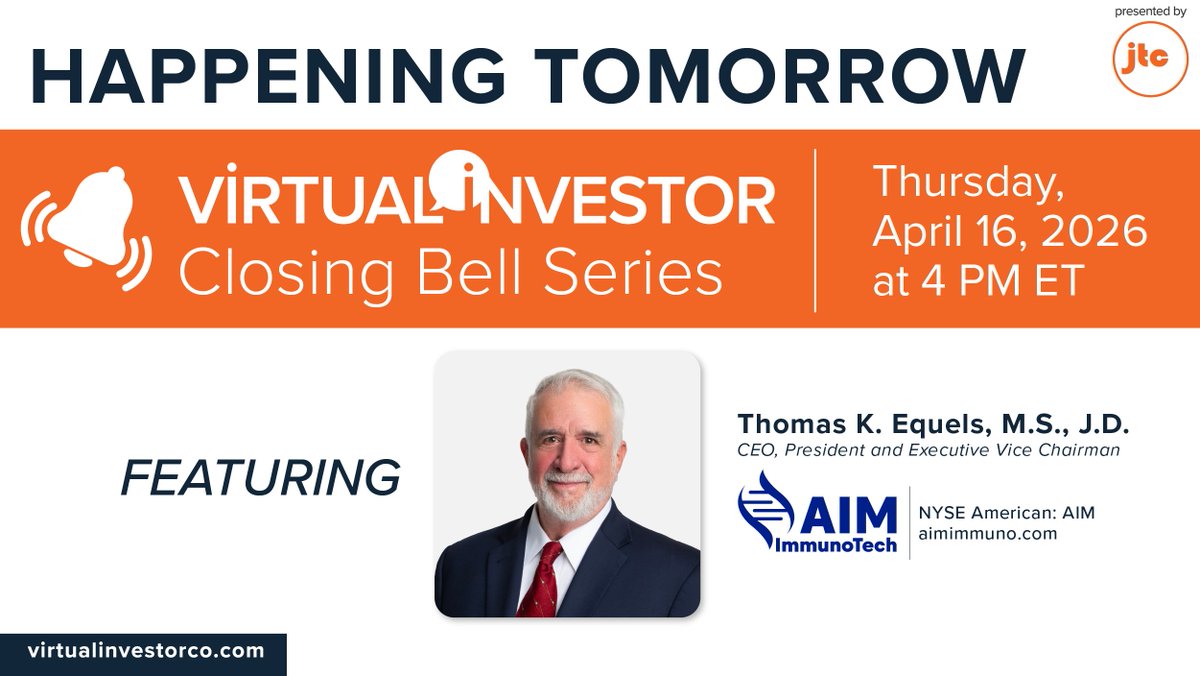 InvestorVirtual's tweet photo. ⏰ Happening Tomorrow at 4 PM ET
$AIM is taking part in the #VirtualInvestor Closing Bell.

Hear from CEO Thomas K. Equels and get your questions answered live.

Secure your spot: https://t.co/rPsCez4GM7 
#CancerResearch #PancreaticCancer #BreastCancer @aimimmuno https://t.co/0HsVHh5RAO