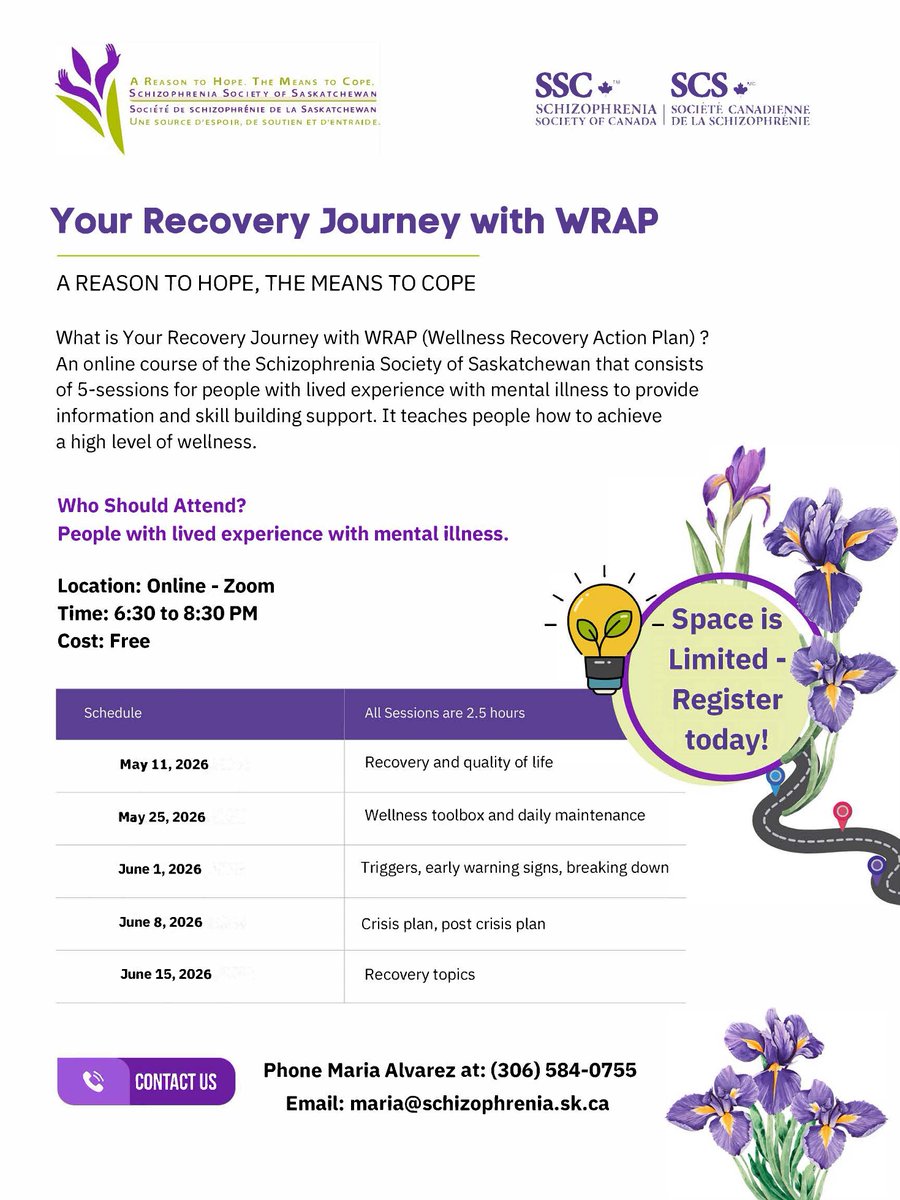 SZSask's tweet photo. Join our FREE 5-week course, Your Recovery Journey with WRAP and discover practical tools to support your mental health, build resilience, and achieve higher levels of wellness!

Sign up or learn more by contacting Maria using the details listed! https://t.co/anJzNJcxBT