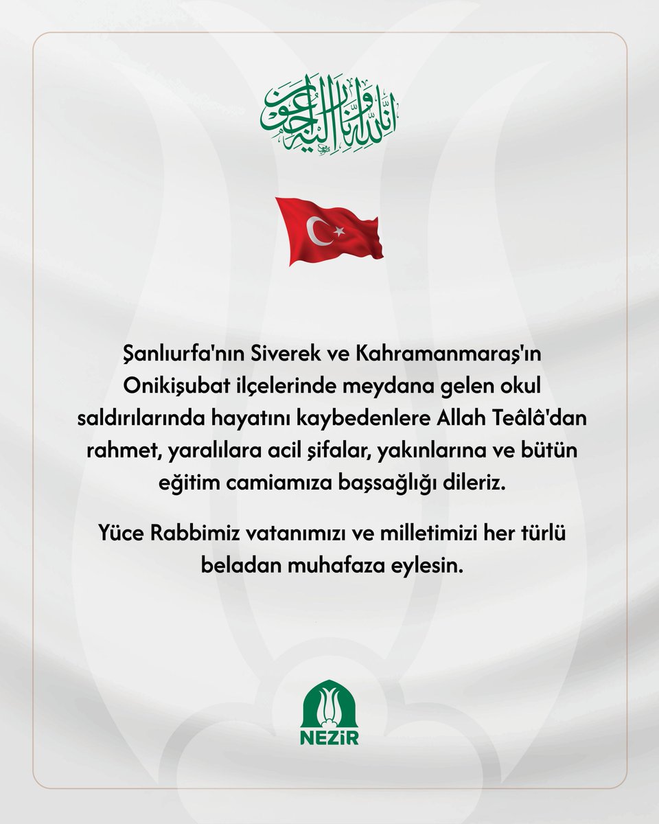 NezirDernegi's tweet photo. Şanlıurfa'nın Siverek ve Kahramanmaraş'ın Onikişubat ilçelerinde meydana gelen okul saldırılarında hayatını kaybedenlere Allah Teâlâ'dan rahmet, yaralılara acil şifalar, yakınlarına ve bütün eğitim camiamıza başsağlığı dileriz. 

Yüce Rabbimiz vatanımızı ve milletimizi her türlü beladan muhafaza eylesin.