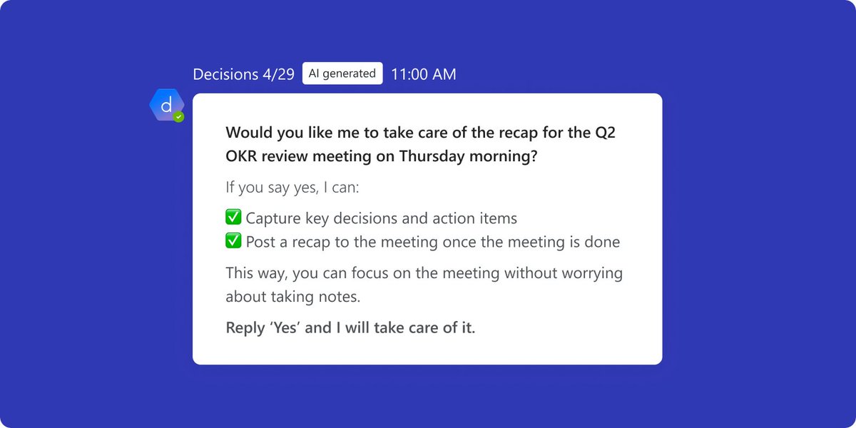 decisions's tweet photo. Your AI meeting recap now runs on autopilot.

When a Teams meeting ends, Decisions captures what matters — decisions, action items, owners — and posts a structured recap to your chat.

No clicking. No remembering. https://t.co/Ebm8MU6wJv