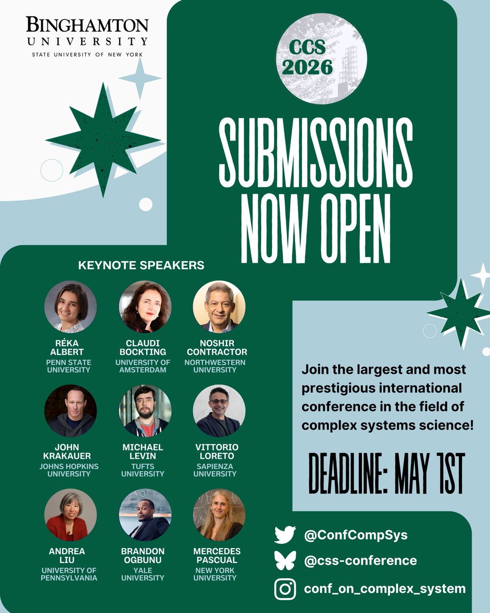 The 2026 Conference on Complex Systems is coming to <a href="/binghamtonu/">Binghamton University</a>! Join our expert keynote speakers and decode the hidden patterns of our intricate world. From social networks to global ecosystems, let's shape the future of transdisciplinary science! See you in New York! #CCS2026