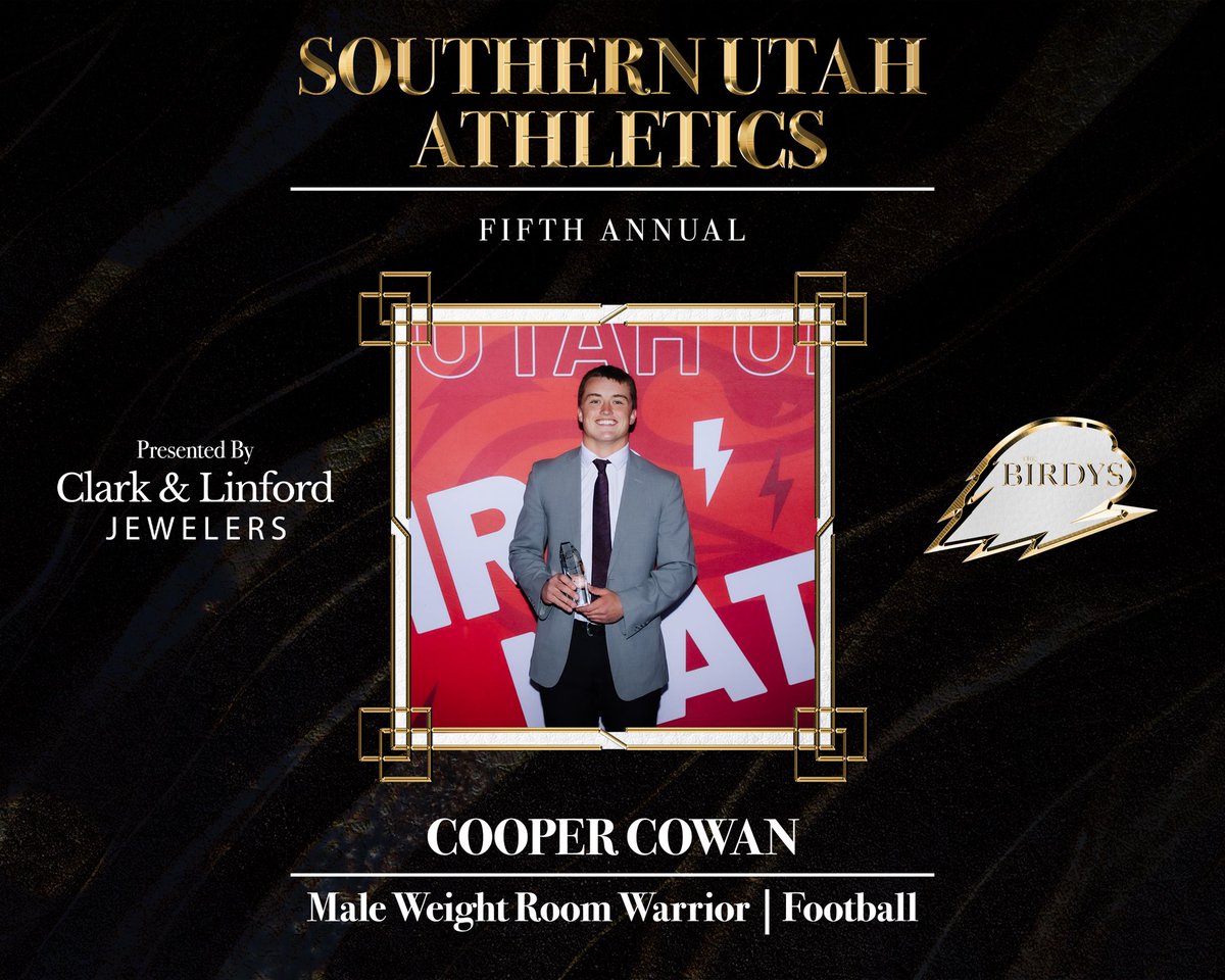 SUUThunderbirds's tweet photo. Congratulations to Cooper Cowan for earning the Male Weight Room Warrior Award at the 2026 BIRDYS 🏆 

#TBirdNation ⚡️ #RaiseTheHammer https://t.co/olNBXXLSQX