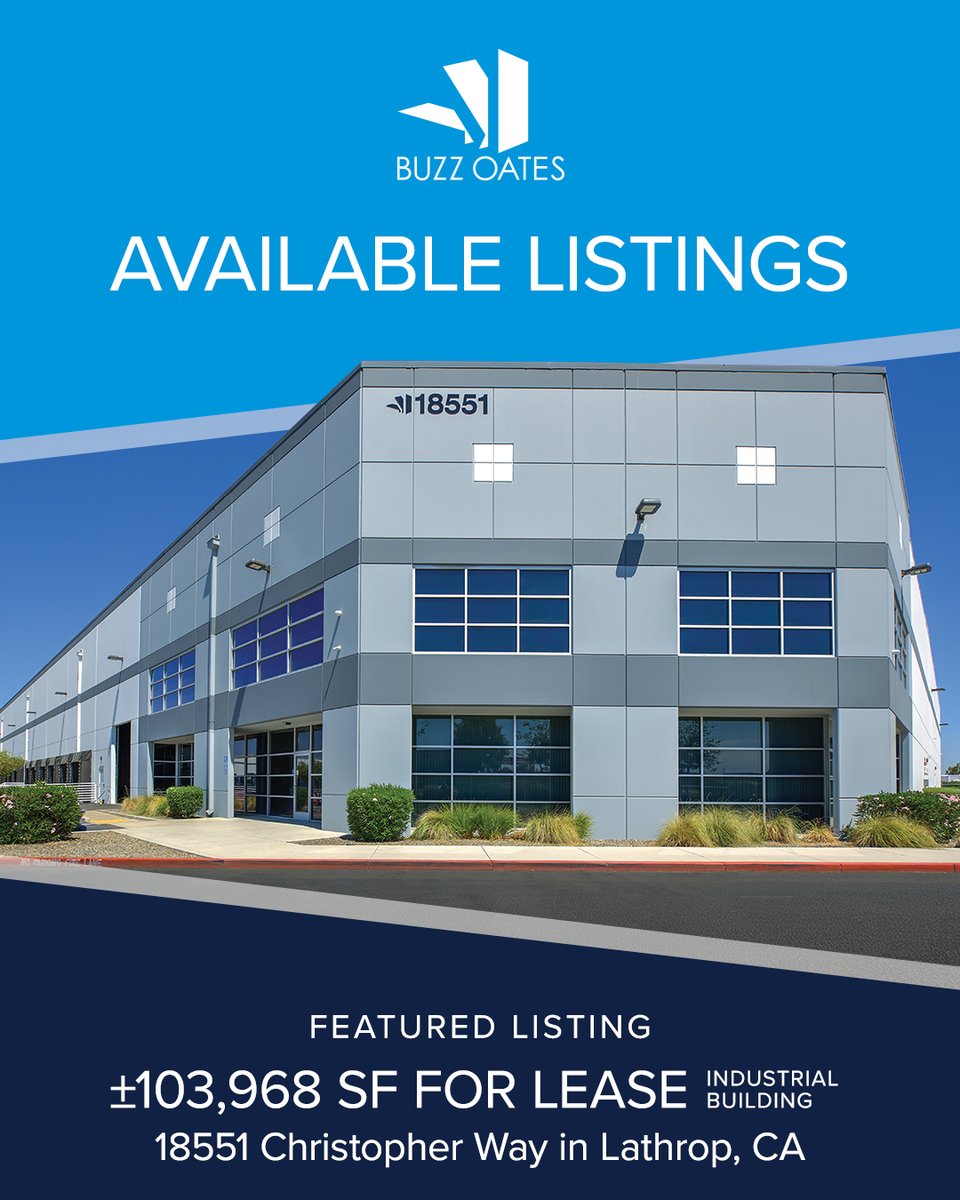 ±103,968 SF for lease at 18551 Christopher Wy in Lathrop, CA. Includes 3,557 SF office, 29–32’ clear height, 57’ x 57’ column spacing, ESFR, 16 dock doors &amp; 6 grade-level doors. Located w/ access to I-5 &amp; Hwy 120 buzzoates.com/portfolio/1855…
All Listings: buzzoates.com/real-estate-pr…