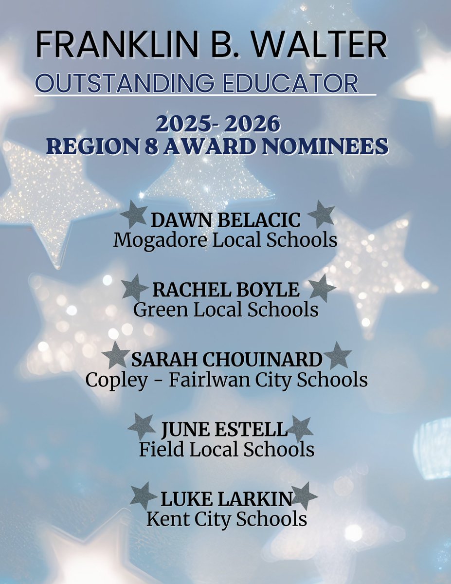 OhioSST8's tweet photo. Congratulations to the Franklin B. Walter Outstanding Educator Award nominees from Region 8!  @MogadoreLocalSD  @Green_Bulldogs @CFCSindians @field_supt @FieldLocal https://t.co/DWwpKs8DjO