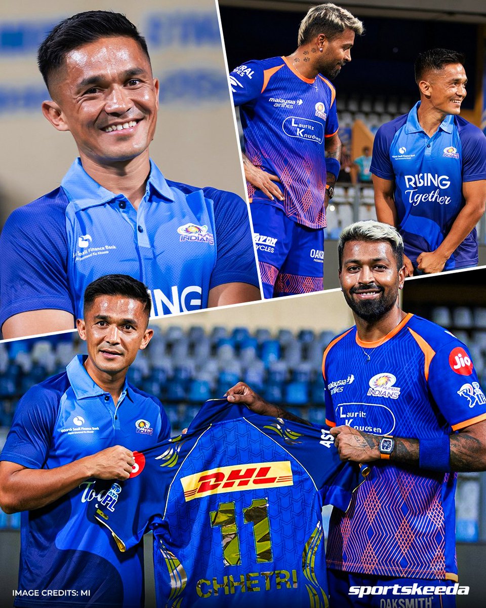Sportskeeda's tweet image. When football meets cricket 💙🔥

India’s legendary footballer Sunil Chhetri meets Hardik Pandya and the team, who present him with an MI jersey! 🏏⚽

#IPL2026 #MI #HardikPandya #Sportskeeda