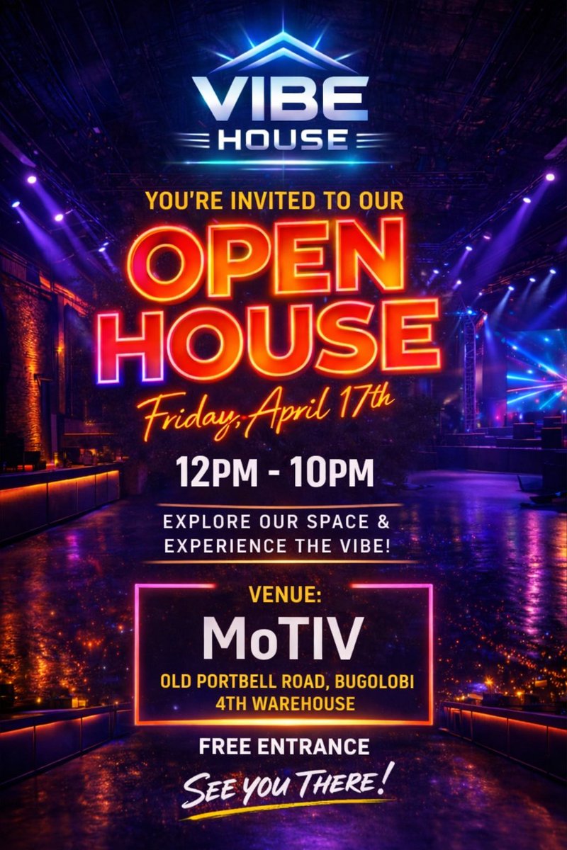 MotivUG's tweet image. We are opening our doors… and you are invited.

Step into @VibeHouseUg for an Open House experience like no other — space, vibe, and energy all in one place.

📅 April 17th
🕛 12PM – 10PM
📍 MoTIV, Bugolobi 

Free entrance. Good vibes guaranteed.

#VibeHouse #OpenHouse