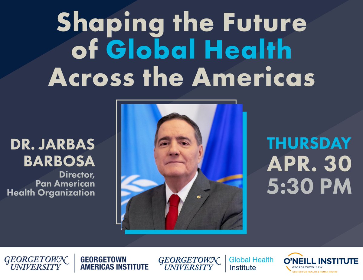 oneillinstitute's tweet image. Join the Center for Health and Human Rights, @GUGlobalHealth, and @GUAmericas on April 30 for a fireside conversation featuring @DirOPSPAHO, director of @pahowho.

Dr. Barbosa will share his vision for advancing #HealthEquity and innovation across the Americas — drawing on his