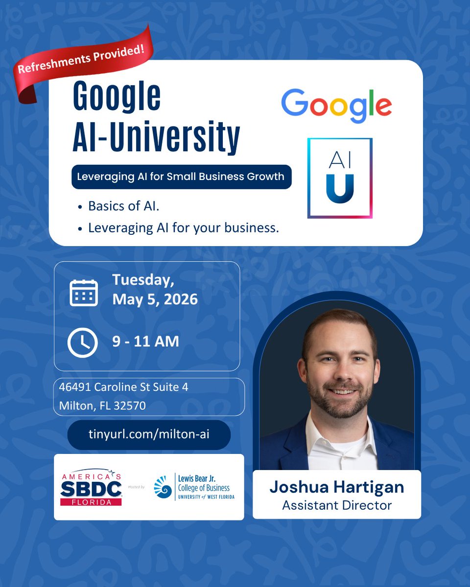 FloridaSBDC_UWF's tweet image. Unlock AI's potential to boost your productivity! Join us on May 5th at 9 AM for a workshop with Google AI expert Joshua Hartigan in Milton. Limited spots, register now! 👉 tinyurl.com/milton-ai #Milton #SmallBusiness #AITraining #GoogleAI #BusinessGrowth #Workshop
