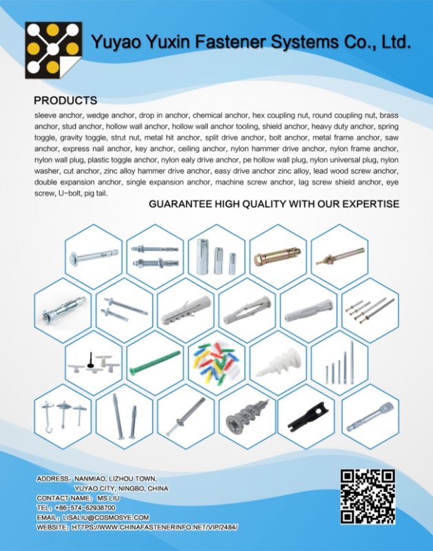 FastenerInfo's tweet image. Yuyao Yuxin Fastener Systems Co., Ltd. provides sleeve anchor, wedge anchor, drop in anchor, chemical anchor, shield anchor, tire wire anchor, hex coupling nut, spring/gravity toggle and non-standard fasteners.
#fasteners #anchors #nuts #hex #toggle #customized