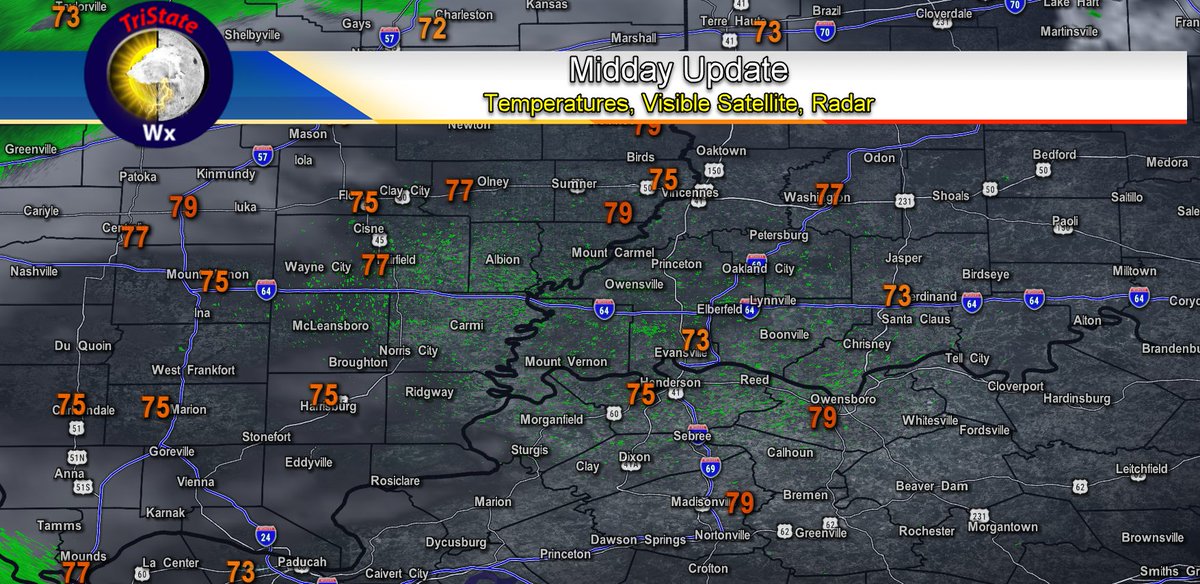 tristatewx1's tweet image. 4/15/26 Midday Update: Clouds continue to increase from the West. Some Showers may clip our northwestern counties this afternoon. Temperatures are in the mid to upper 70s. #tristatewx #inwx #ilwx #kywx