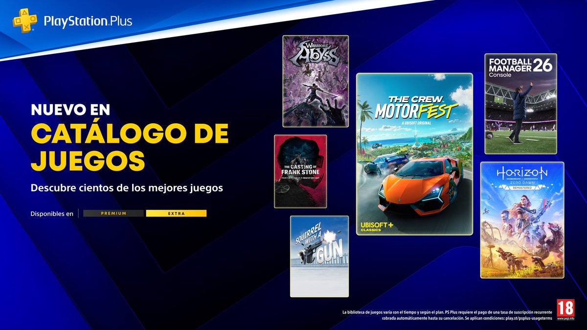 chichoJL82's tweet image. Lista de nuevos juegos de #PSPlus EXTRA:

-The Crew Motorfest
-Horizon Zero Dawn Remastered
-Football Manager 26
-Warriors: Abyss
-Squirrel with a Gun
-The Casting of Frank Stone
-Monster Train

#PSPlus PREMIUM:

-Wild Arms 4

#PS4 #PS5