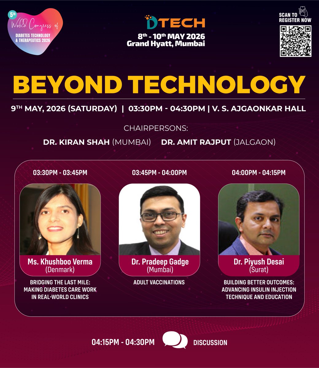 DTechCon's tweet image. What happens when we look Beyond Technology in diabetes care? 🧬

Join Ms. Khushboo Verma, Dr. Pradeep Gadge, and Dr. Piyush Desai at #DTECH2026 to discuss real-world clinical success!

Register here: rxregistrations.com/dtechcon
#Diabetes #MedEd #HealthTech #DTECH2026
