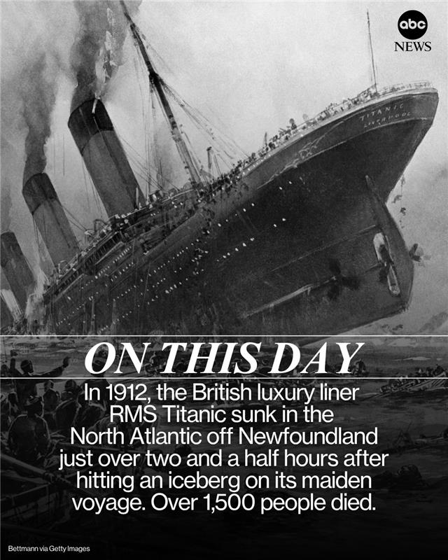ON THIS DAY: In 1912, the British luxury liner RMS Titanic sank in the North Atlantic off Newfoundland just over two and a half hours after hitting an iceberg on its maiden voyage. Over 1,500 people died; 710 survived.