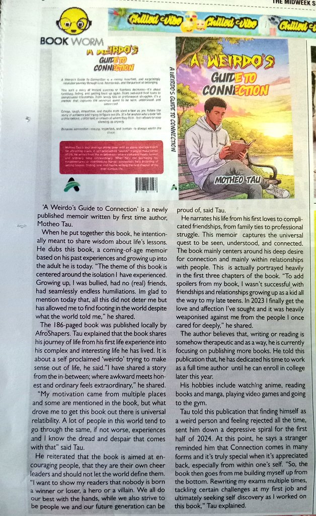 hennymaps's tweet photo. 📚✍️🏼 Read about A Weirdo’s Guide To Connection in today's (15th April 2026) The Midweek Sun newspaper. 

+267 71540617 to get a copy of the book at P160.

+267 74697216 for book reviews, social media marketing, brand amplification &amp; media placement. 📚✍️🏼 https://t.co/AF988TVQTm