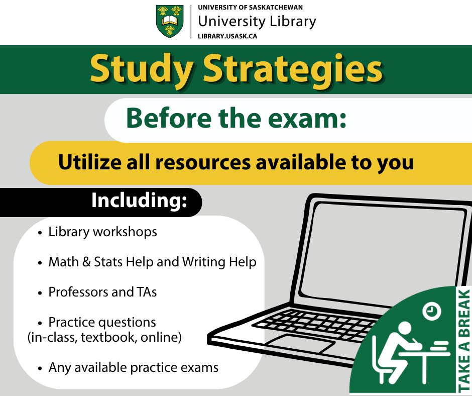 usasklibrary's tweet image. Study Strategy: Get the most out of ALL the resources available to you! Check out libguides.usask.ca/TAB for tips and resources to help you study and de-stress! #StudyTips #TakeABreak #FinalExams
