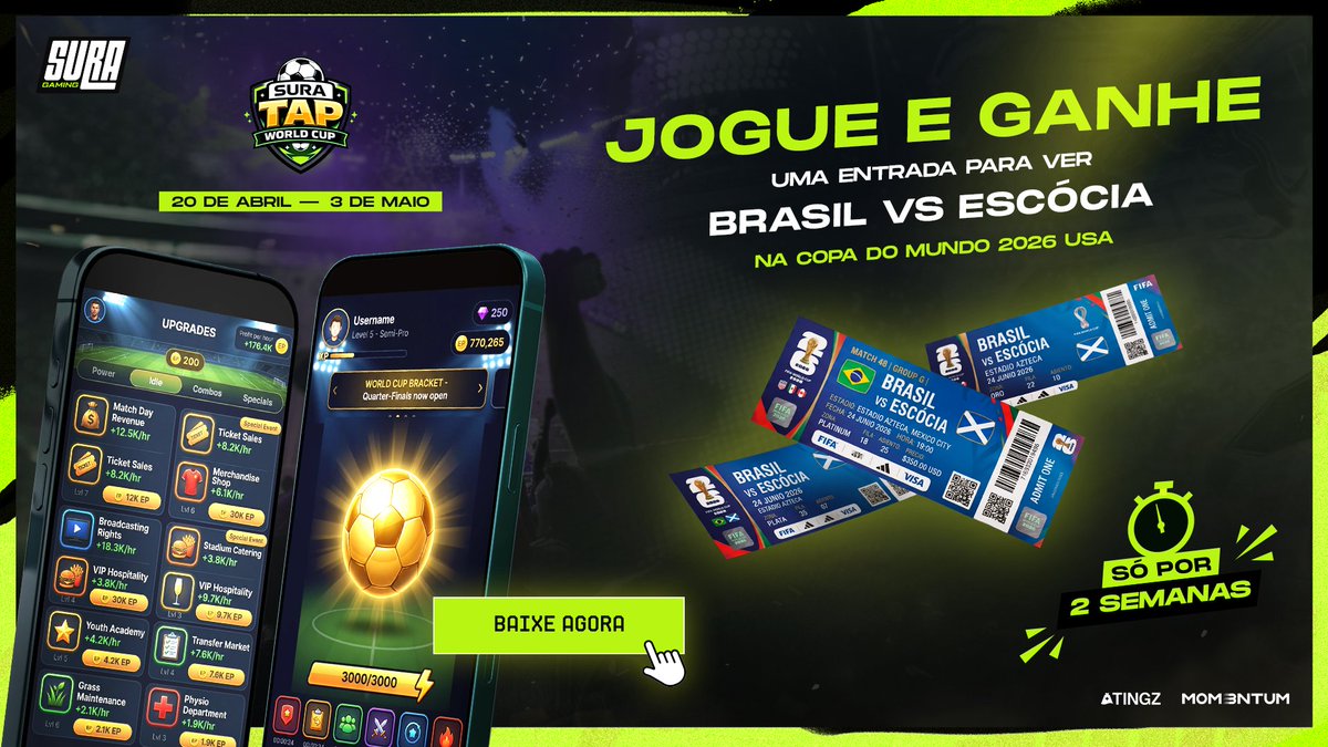 suragamingbr's tweet photo. Quer assistir ao Brasil na maior Copa do Mundo de todos os tempos? 🇧🇷

@mom3ntum_io e @play_tingz fortaleceram com um ingresso para Brasil x Escócia e ele pode ser SEU!

Baixe o app, participe do novo evento da Sura à partir de 20 de Abril e fique por dentro de TUDO! https://t.co/kmQvPAxDxv