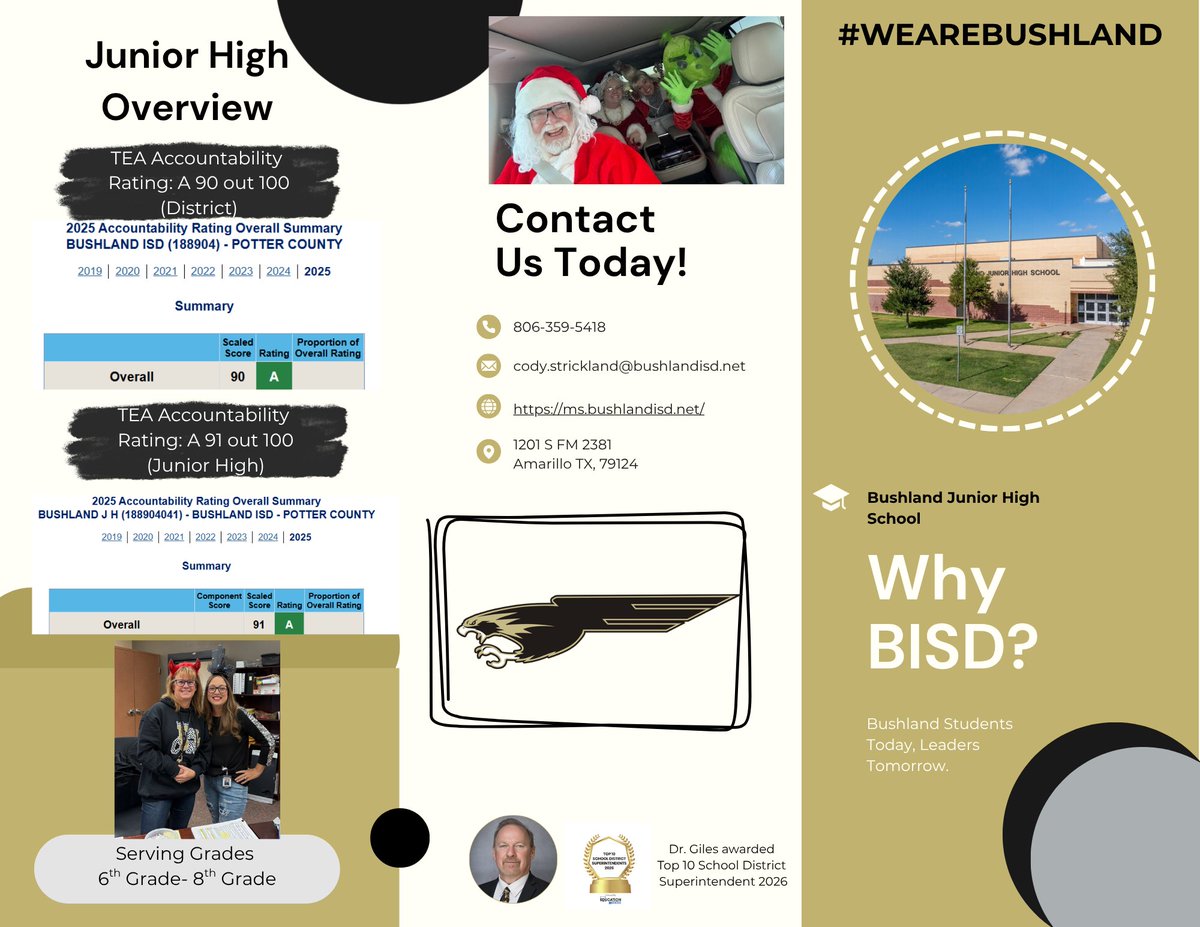 BushlandISD's tweet photo. Are you ready to join the Bushland ISD family and become a Blackhawk or a Falcon? 🖤💛
Come see what makes our district so special and register your student TODAY! 📝🎓
https://t.co/XcA9G2OdT7 https://t.co/BMkFbo8Vgk