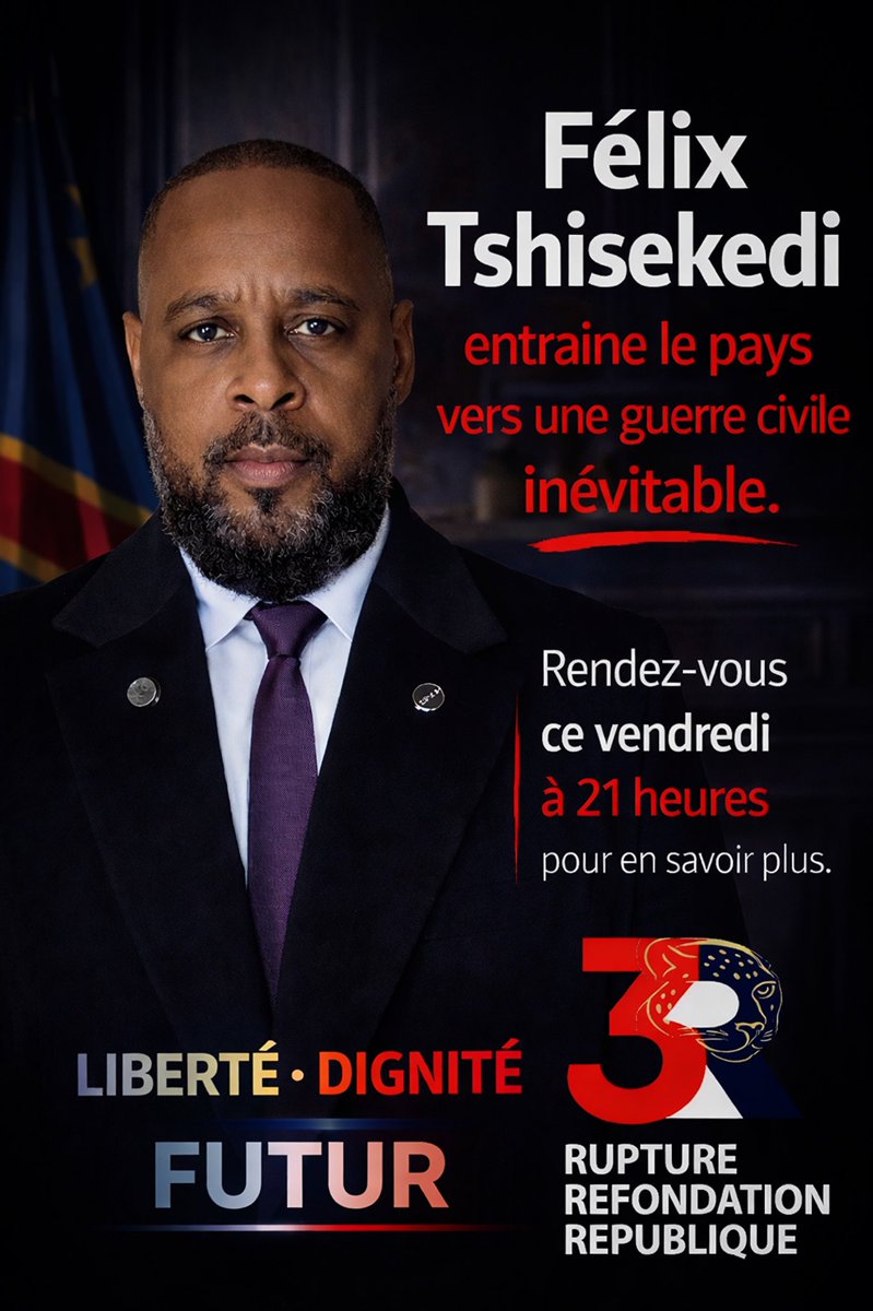 Rendez-vous ce vendredi à 21 heures.

Liberté,
Dignité, 
Futur.

Giress Brad Baggothy Nyembo Sumaili 
Coordinateur Provisoire <a href="/3RDRC/">3R</a>