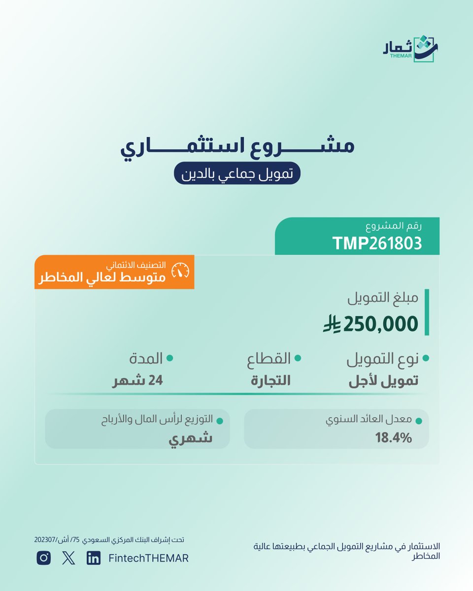 FintechTHEMAR's tweet photo. سيطرح عدة مشاريع تمويل استثماري على منصة ثمار بعوائد سنوية من %14.5 الى 18.4%
غدا  في تمام الساعة 5 مساء

للاطلاع على تفاصيل المشروع و المشاريع المختلفة المتوفرة, زر موقعنا الالكتروني 

التوزيع لرأس المال والأرباح💸 
اشحن محفظتك و شارك عن طريق مدى, أبل باي أو التحويل البنكي

تنويه:  المشاركة في  التمويل الجماعي بالدين يعد عالي المخاطر، وقد يعرض رأس المال والارباح للخطر