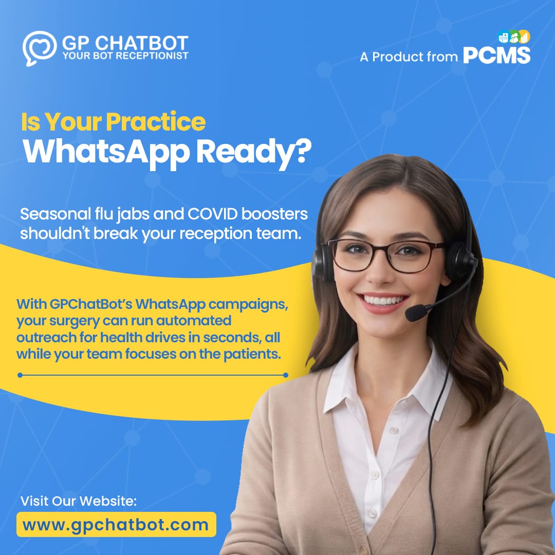 PCMSLtd's tweet photo. Flu season shouldn’t mean phone lines melting down.

What if your entire campaign ran on WhatsApp instead?

• No call overload
• No manual booking chaos
• Just smooth, automated access

Is your practice WhatsApp ready?

#GPPractice #PrimaryCare #NHS #HealthTech #DigitalHealth https://t.co/VIvvgd36YC