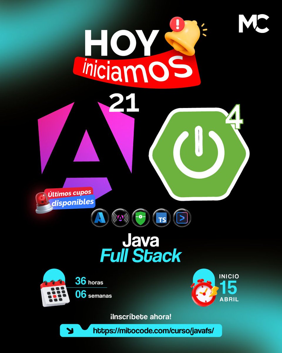 mitocode's tweet photo. 🚨 HOY INICIAMOS 🚨

¡Hey coder! 🙋🏻‍♀️🙋🏻‍♂️. Conviértete en un Full Stack y domina el lado back-end y front-end con Spring Boot 4 y Angular 21 👨🏻‍💻👩🏻‍💻

🚨 Java Full Stack
📆 Inicio: 15 de Abril
📲 https://t.co/qmOCuRlizs
.
#mitocode #programador #programacion #tecnologia #javafullstack https://t.co/a5HxJjRyt1